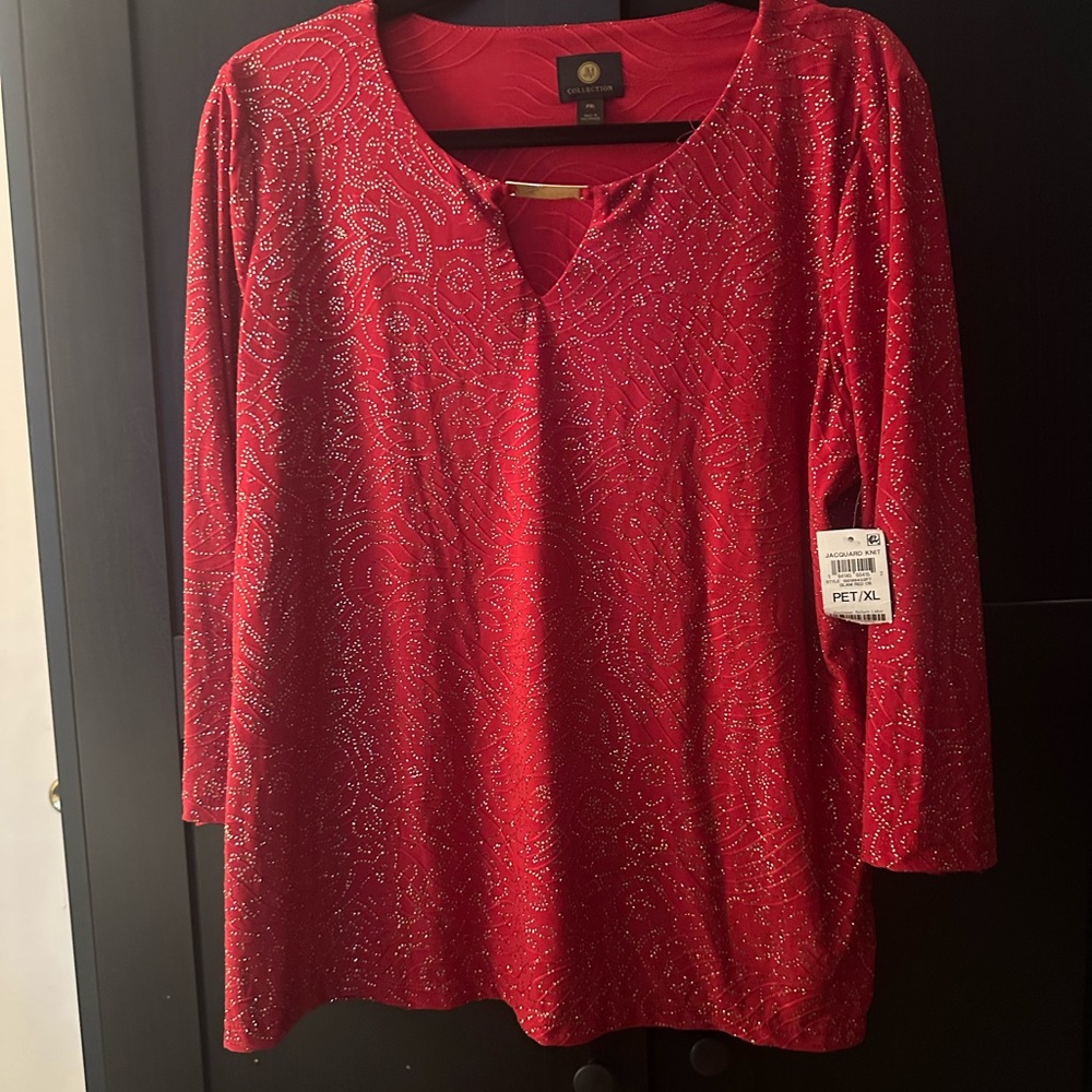JM Collection Red Sequin 3/4 Sleeve Blouse